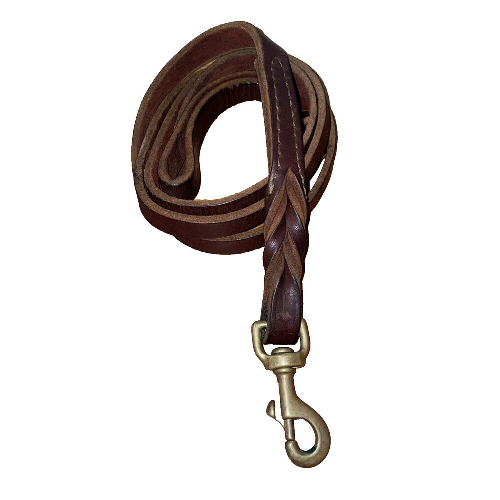 Braided Leather Dog Leash 6ft Dark Brown Brass Snap 5/8"